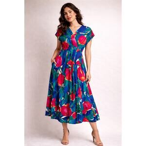 Vintage 1980s R.E.O. Originals Floral Midi Dress | Bold Abstract Print | Size 14